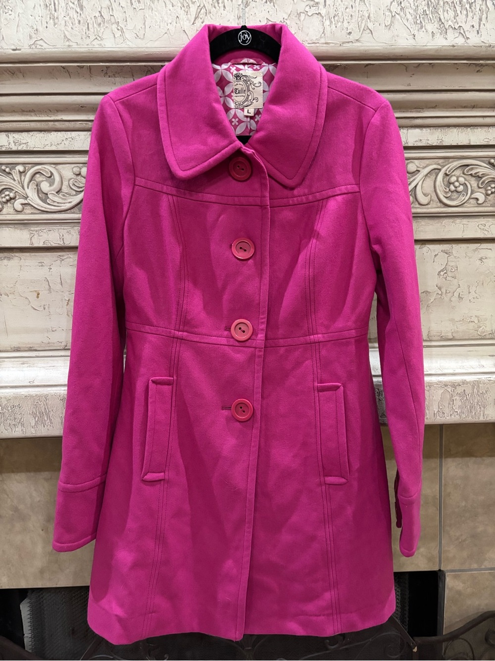 Tulle Anthropologie Hot Pink Wool Pea Coat Retro Vintage Style Classic Large